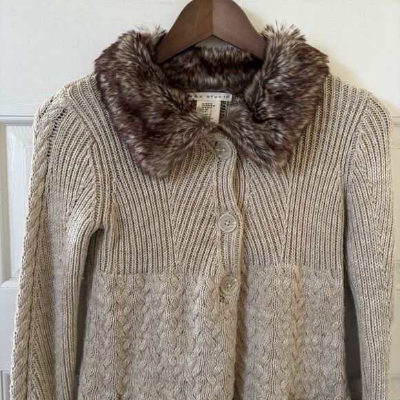 Womens Cable Knit Sweater Faux Fur Collar M Y2K Bohemian Hippie Comfy Indie City - Picture 3 of 11